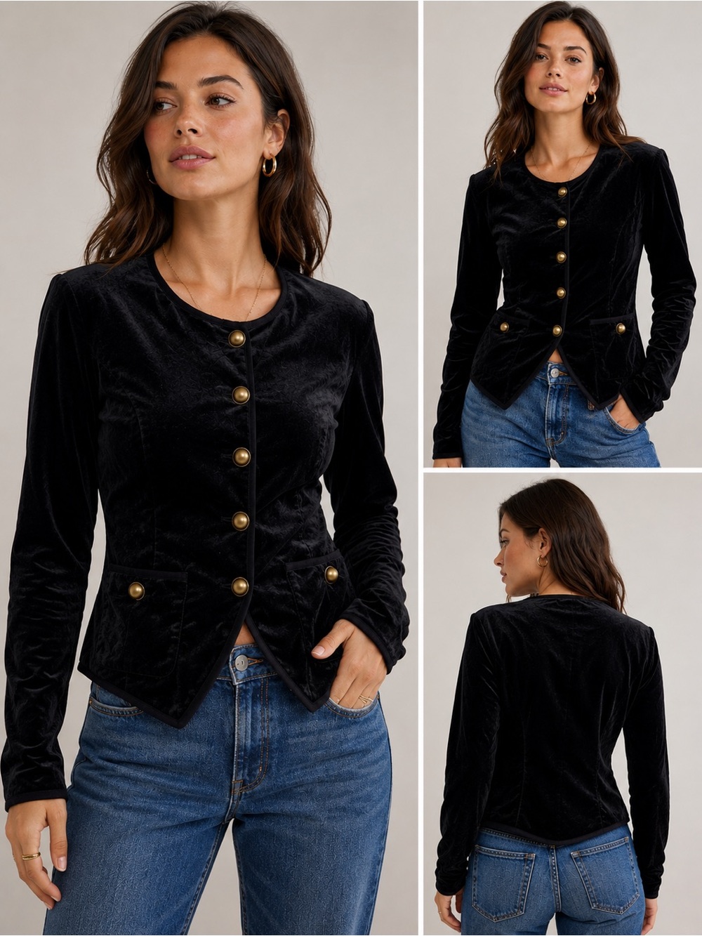 ✨🖤 FREE PEOPLE Black Velvet Button Front Cropped‎ Jacket Blazer M 🖤✨